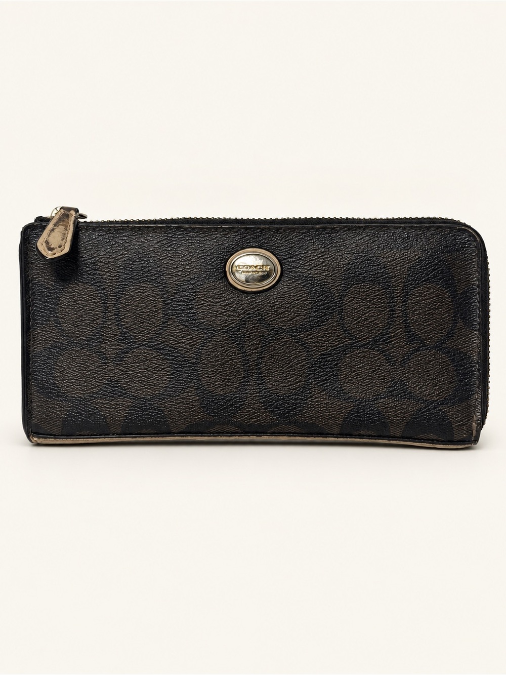 Coach Signature C Black Brown Accordion Zip Around Wallet 7.5”